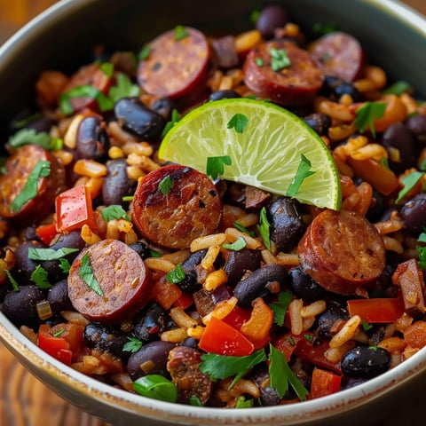 A bowl of hearty black beans and rice with sausage.