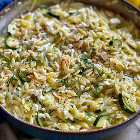 A bowl of creamy lemon feta zucchini orzo.