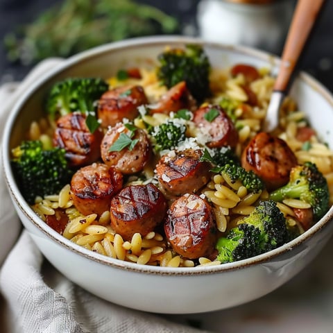 A bowl of chicken sausage and broccoli orzo.