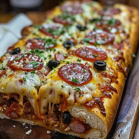 A cheesy pizza with pepperoni and olives.
