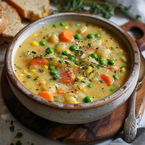 A bowl of soup with carrots and peas.